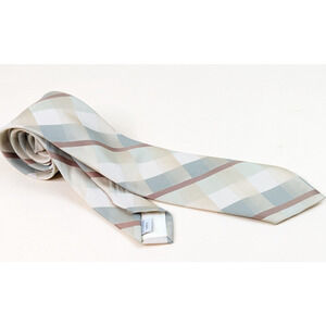 Vintage Cognizanti Designer Necktie Geometric Plaid Red Tan White Polyester Mens